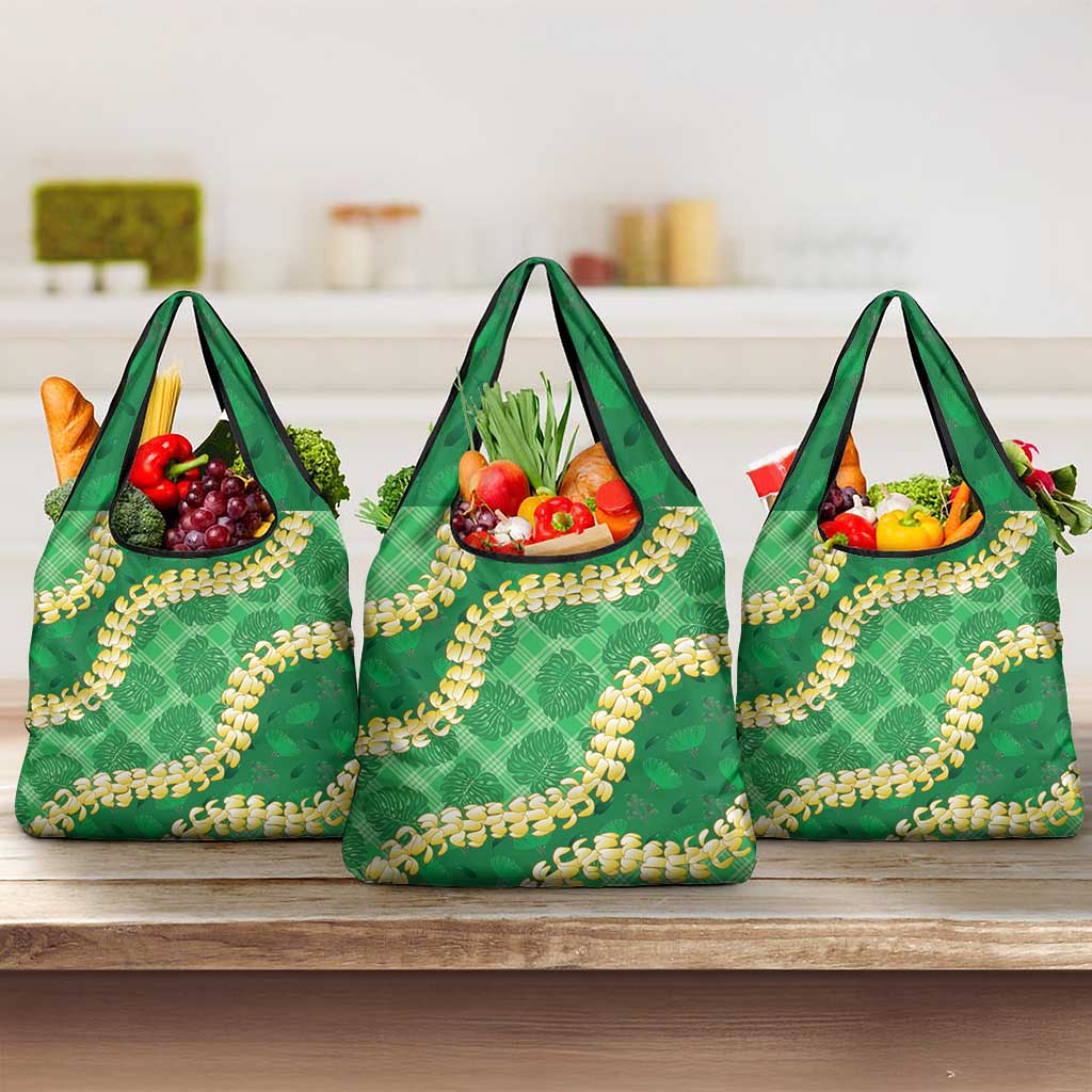 Green Palaka Hawaii Mele Kalikimaka Grocery Bag Ohia Lehua Monstera Puakenikeni Lei LT14 3-pack One Size Green - Polynesian Pride