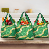 Green Palaka Hawaii Mele Kalikimaka Grocery Bag Ohia Lehua Monstera Puakenikeni Lei LT14 3-pack One Size Green - Polynesian Pride