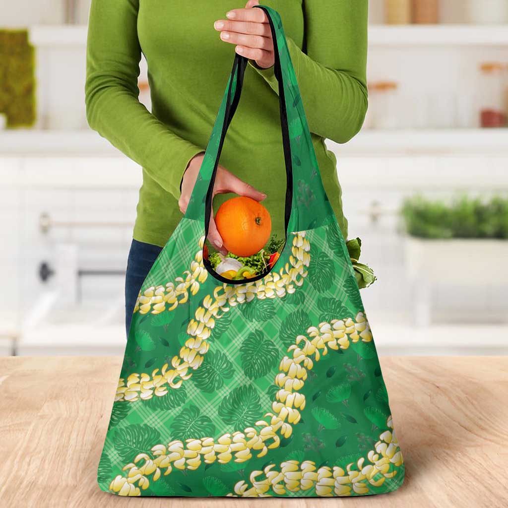 Green Palaka Hawaii Mele Kalikimaka Grocery Bag Ohia Lehua Monstera Puakenikeni Lei LT14 - Polynesian Pride