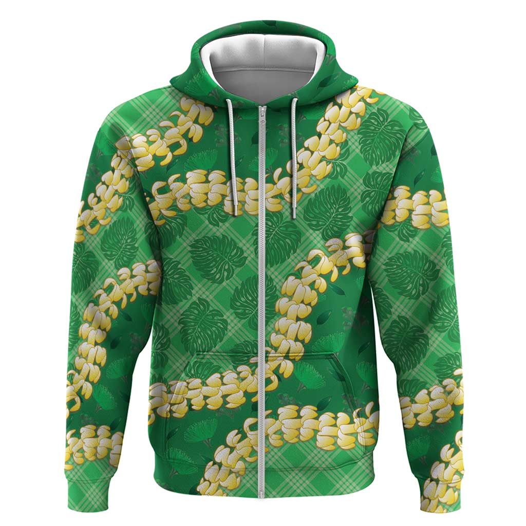 Green Palaka Hawaii Mele Kalikimaka Hoodie Ohia Lehua Monstera Puakenikeni Lei LT14 Zip Hoodie Green - Polynesian Pride