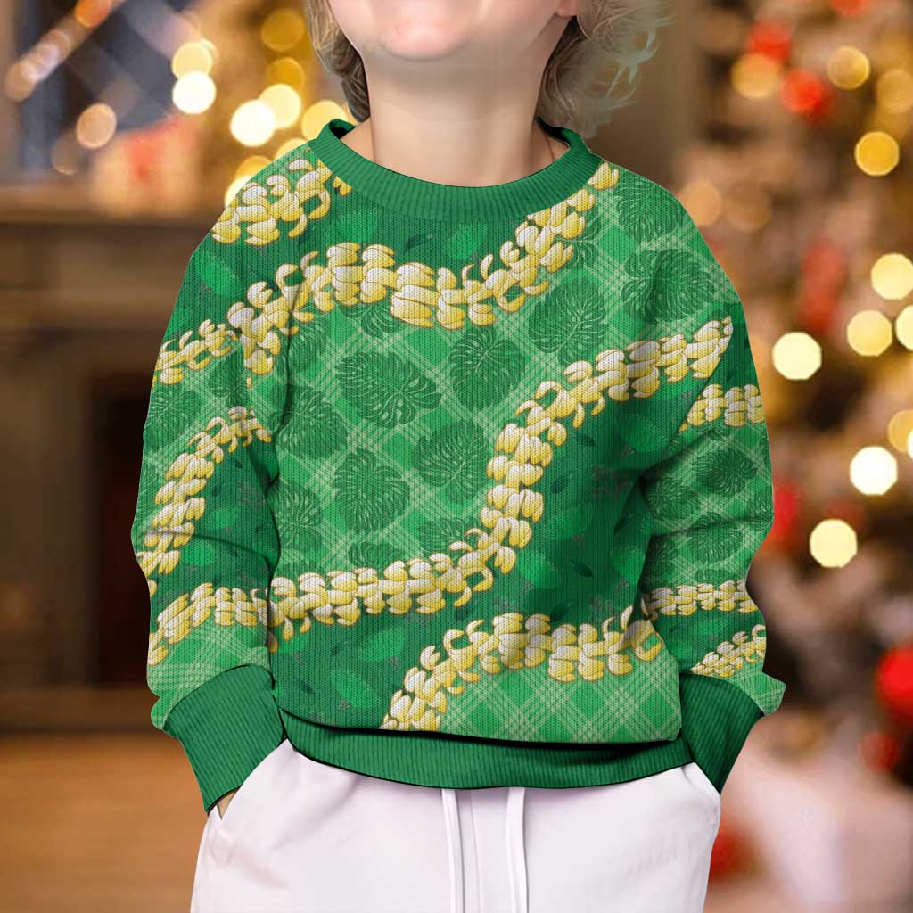 Green Palaka Hawaii Mele Kalikimaka Kid Ugly Christmas Sweater Ohia Lehua Monstera Puakenikeni Lei LT14 - Polynesian Pride