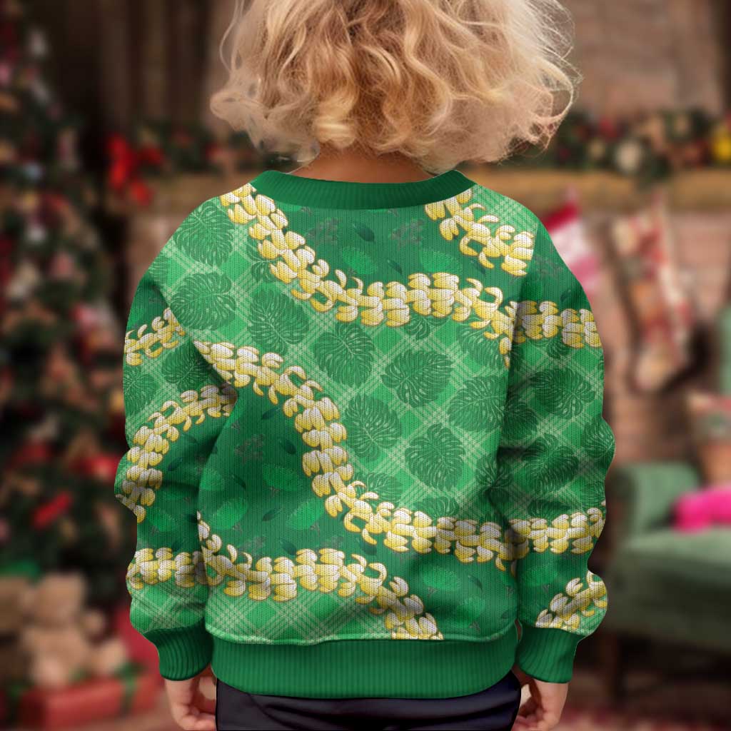 Green Palaka Hawaii Mele Kalikimaka Kid Ugly Christmas Sweater Ohia Lehua Monstera Puakenikeni Lei LT14 - Polynesian Pride