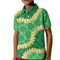 Green Palaka Hawaii Mele Kalikimaka Kid Polo Shirt Ohia Lehua Monstera Puakenikeni Lei LT14 Kid Green - Polynesian Pride