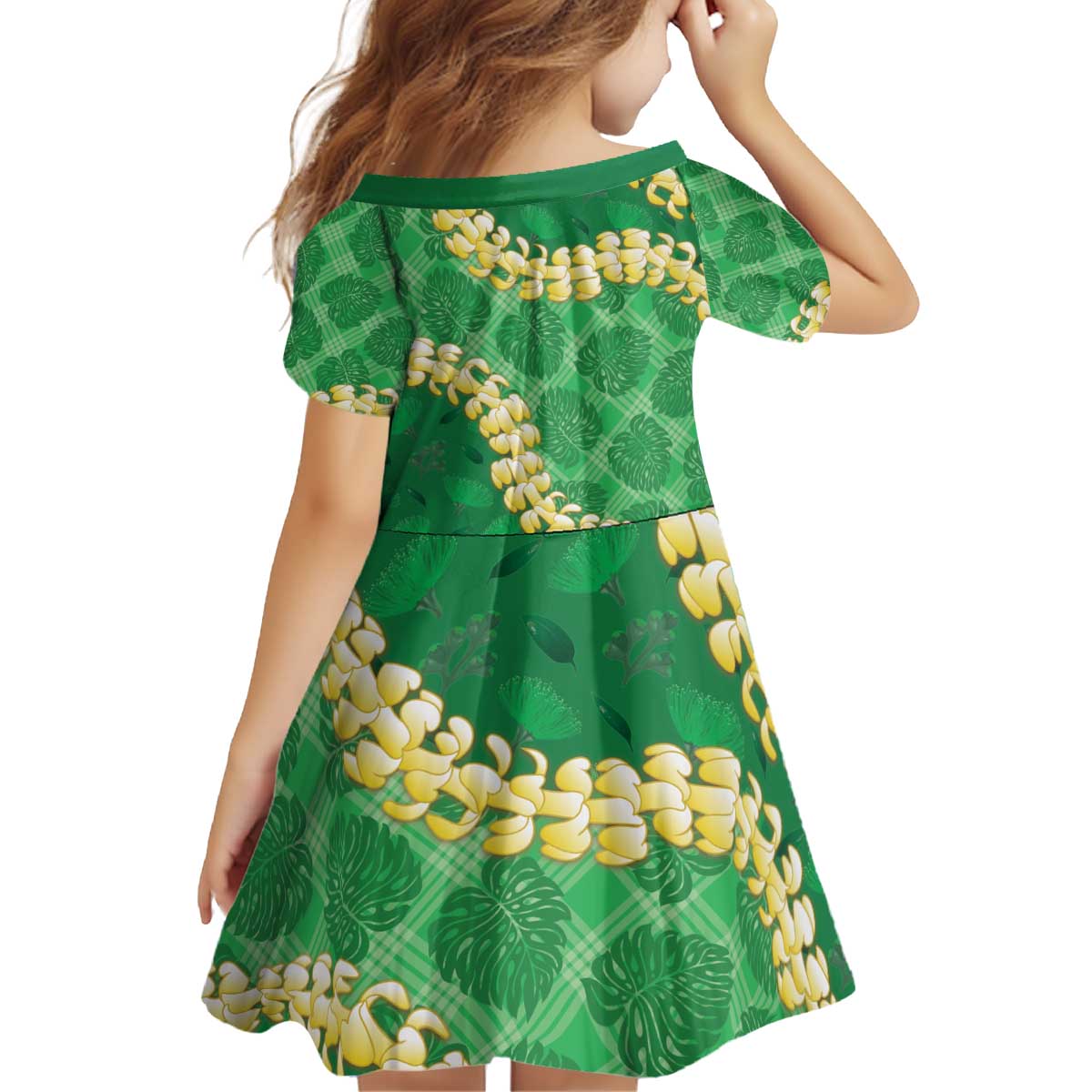 Green Palaka Hawaii Mele Kalikimaka Kid Short Sleeve Dress Ohia Lehua Monstera Puakenikeni Lei LT14 - Polynesian Pride