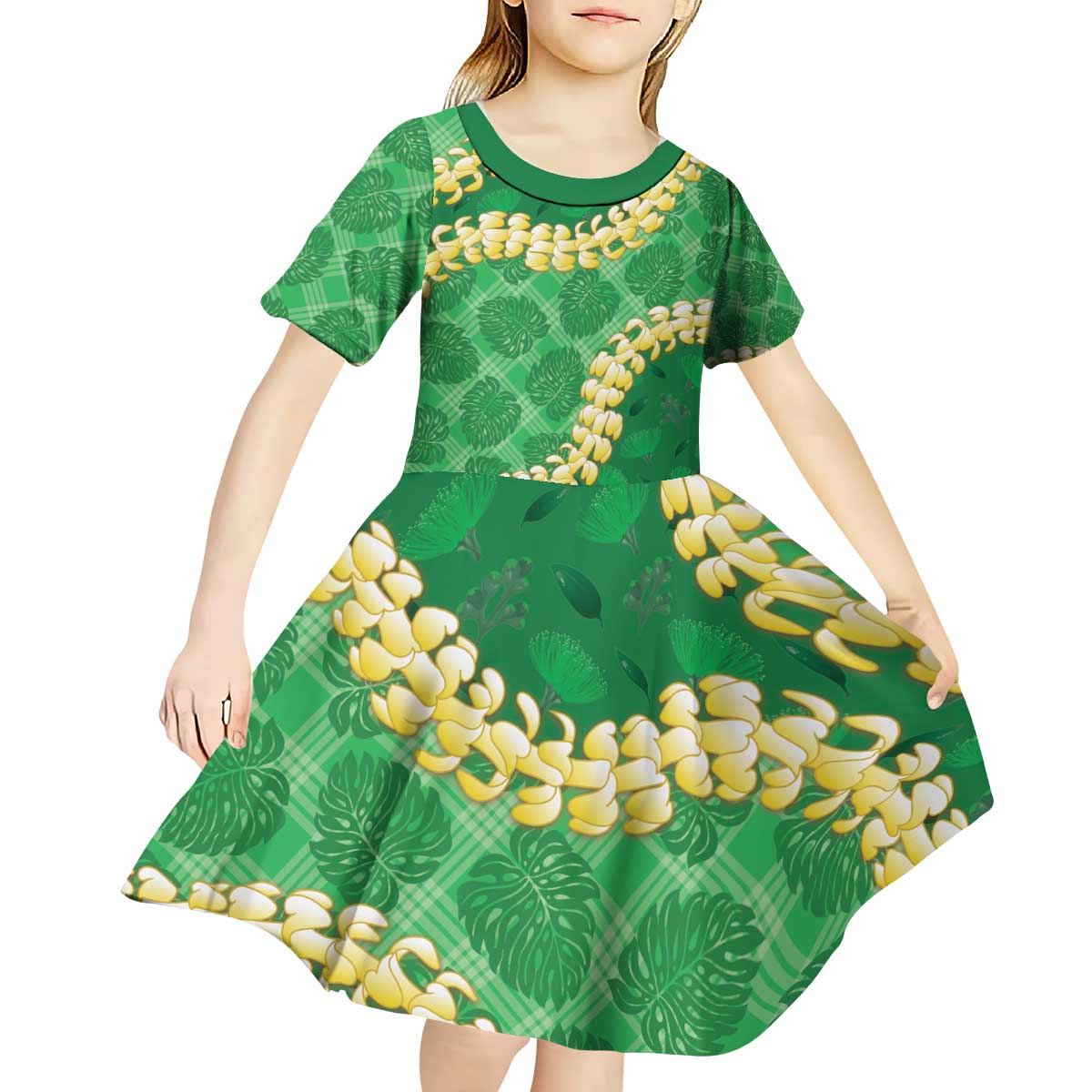 Green Palaka Hawaii Mele Kalikimaka Kid Short Sleeve Dress Ohia Lehua Monstera Puakenikeni Lei LT14 - Polynesian Pride