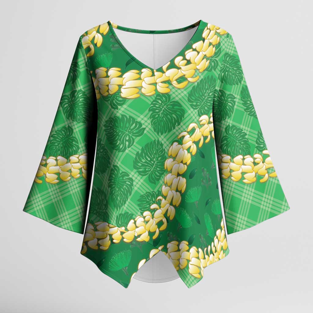 Green Palaka Hawaii Mele Kalikimaka Kimono Sleeve Blouse Ohia Lehua Monstera Puakenikeni Lei LT14 Female Green - Polynesian Pride