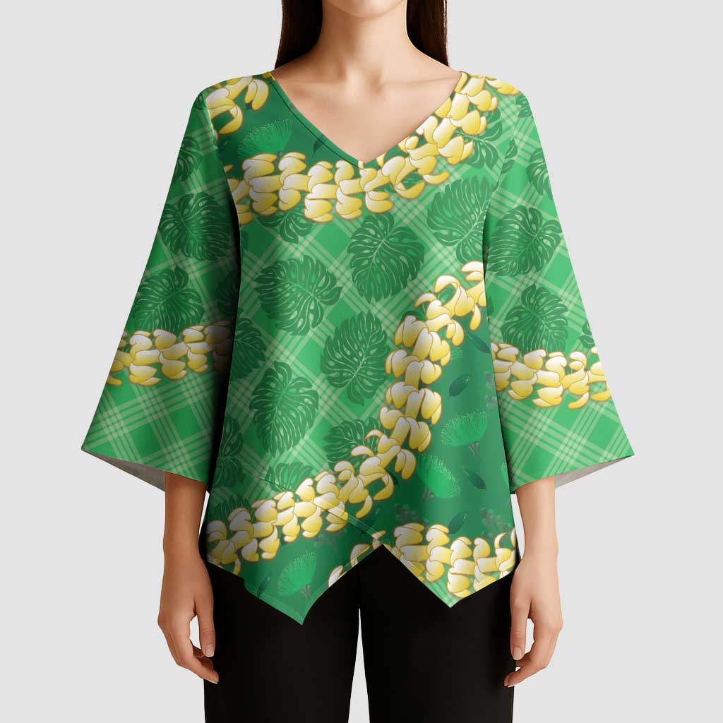 Green Palaka Hawaii Mele Kalikimaka Kimono Sleeve Blouse Ohia Lehua Monstera Puakenikeni Lei LT14 - Polynesian Pride