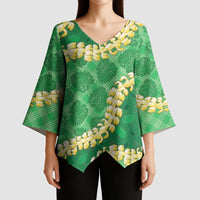 Green Palaka Hawaii Mele Kalikimaka Kimono Sleeve Blouse Ohia Lehua Monstera Puakenikeni Lei LT14 - Polynesian Pride