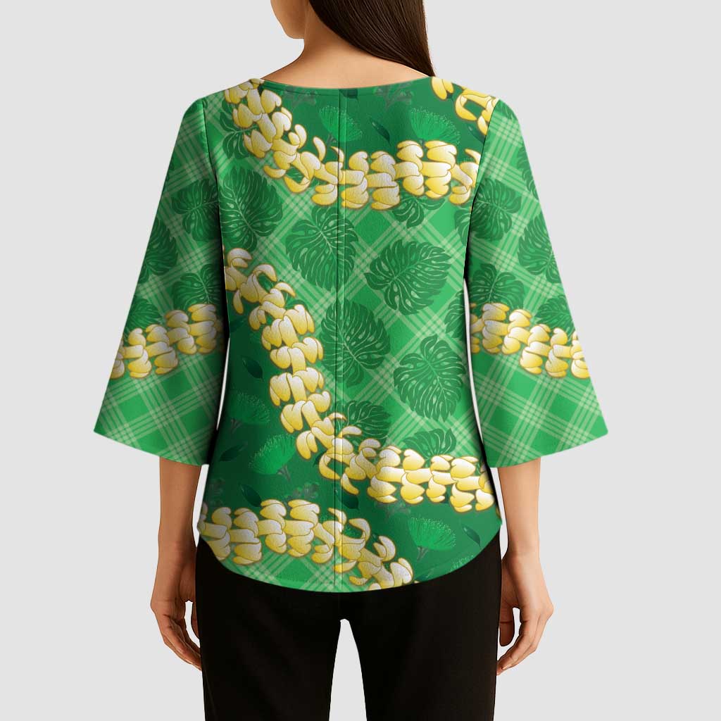 Green Palaka Hawaii Mele Kalikimaka Kimono Sleeve Blouse Ohia Lehua Monstera Puakenikeni Lei LT14 - Polynesian Pride