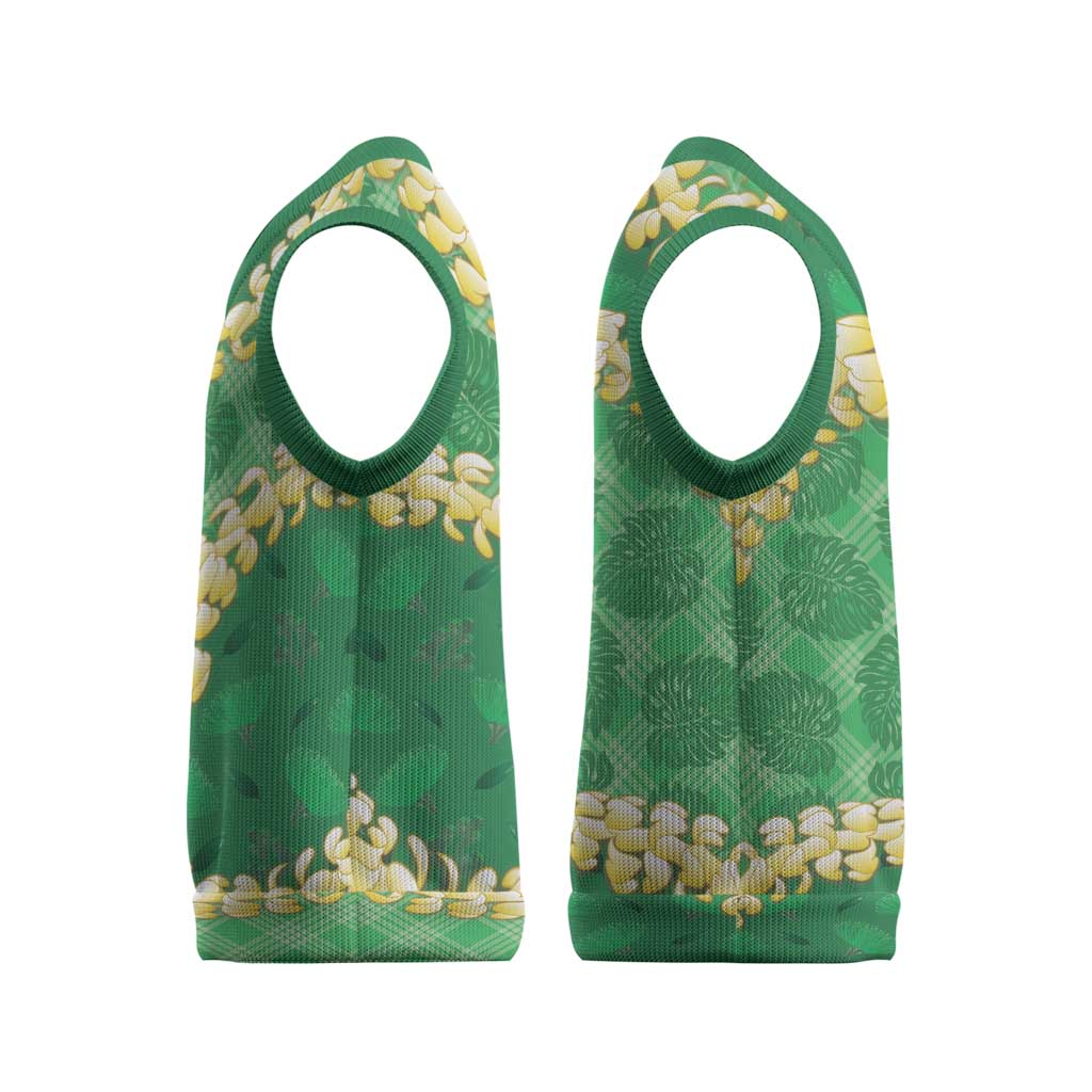 Green Palaka Hawaii Mele Kalikimaka Christmas Knitted V-Neck Vest Ohia Lehua Monstera Puakenikeni Lei LT14 - Polynesian Pride