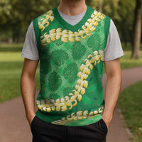 Green Palaka Hawaii Mele Kalikimaka Christmas Knitted V-Neck Vest Ohia Lehua Monstera Puakenikeni Lei LT14 - Polynesian Pride