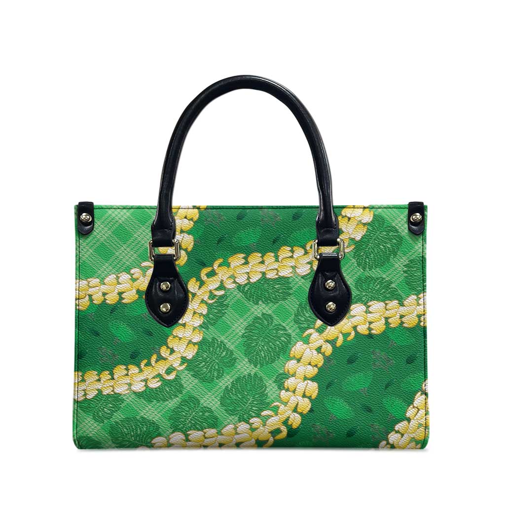 Green Palaka Hawaii Mele Kalikimaka Leather Bag Ohia Lehua Monstera Puakenikeni Lei LT14 - Polynesian Pride
