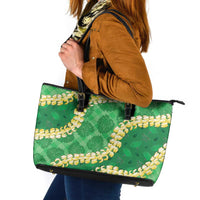 Green Palaka Hawaii Mele Kalikimaka Leather Tote Bag Ohia Lehua Monstera Puakenikeni Lei LT14 Green - Polynesian Pride