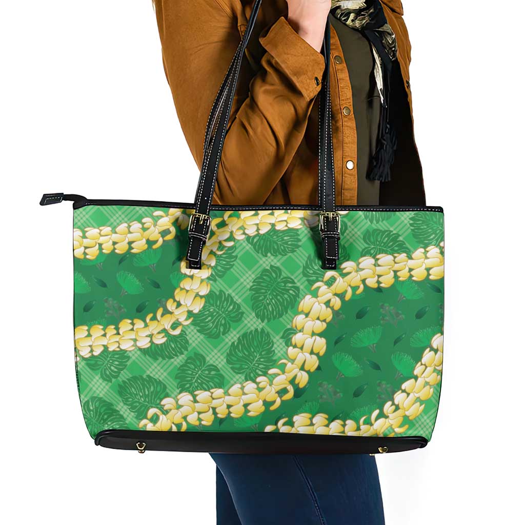 Green Palaka Hawaii Mele Kalikimaka Leather Tote Bag Ohia Lehua Monstera Puakenikeni Lei LT14 - Polynesian Pride