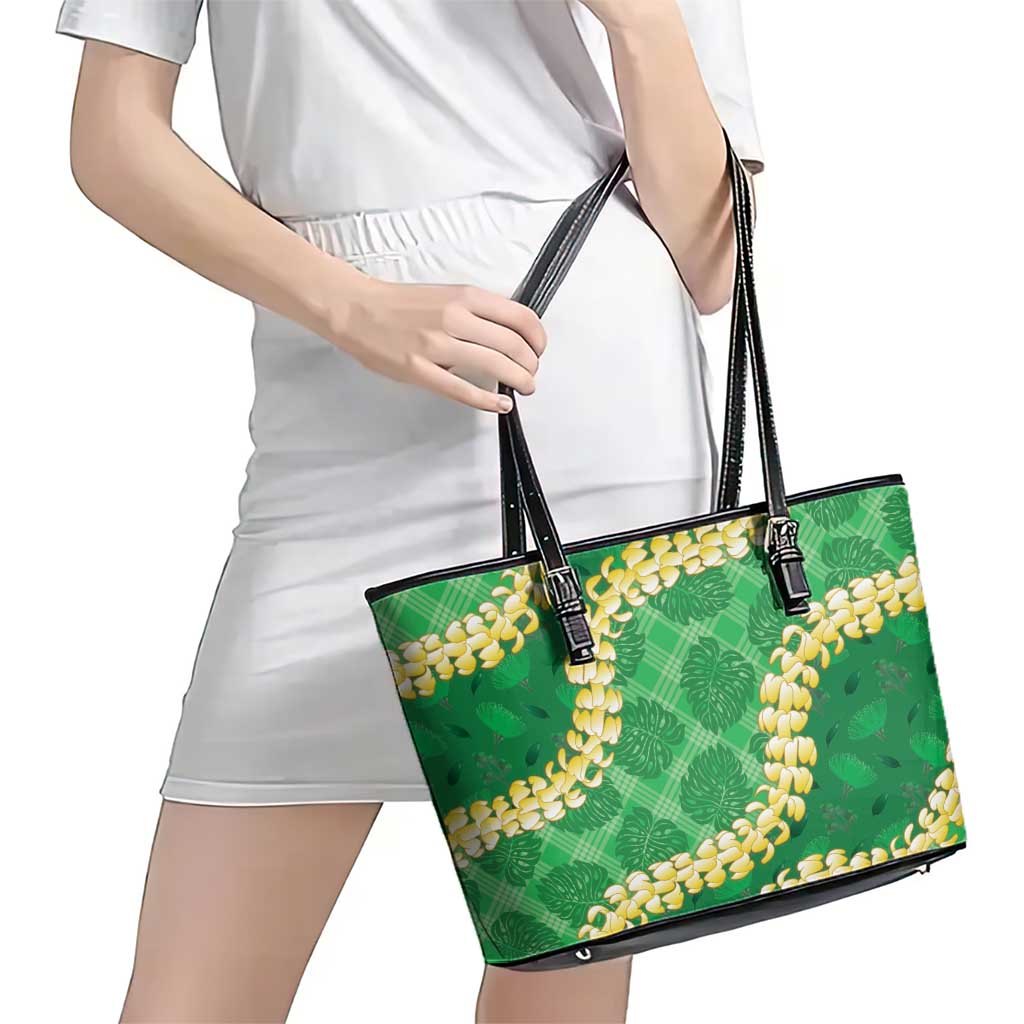 Green Palaka Hawaii Mele Kalikimaka Leather Tote Bag Ohia Lehua Monstera Puakenikeni Lei LT14 - Polynesian Pride