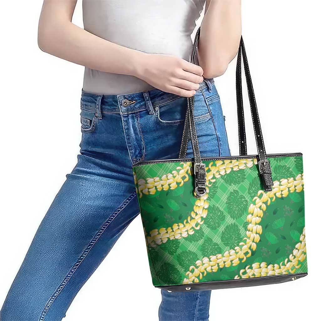 Green Palaka Hawaii Mele Kalikimaka Leather Tote Bag Ohia Lehua Monstera Puakenikeni Lei LT14 - Polynesian Pride