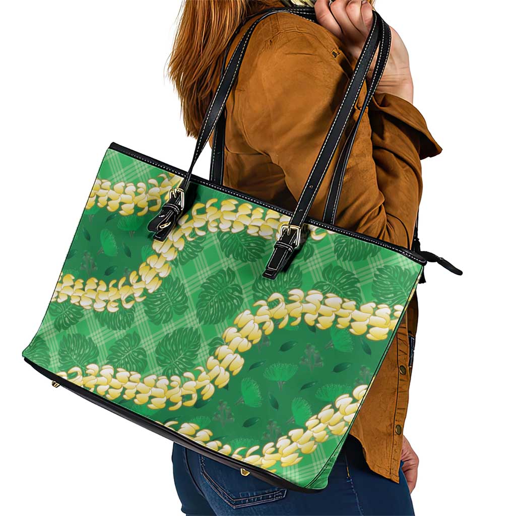 Green Palaka Hawaii Mele Kalikimaka Leather Tote Bag Ohia Lehua Monstera Puakenikeni Lei LT14 - Polynesian Pride