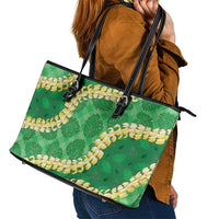 Green Palaka Hawaii Mele Kalikimaka Leather Tote Bag Ohia Lehua Monstera Puakenikeni Lei LT14 - Polynesian Pride