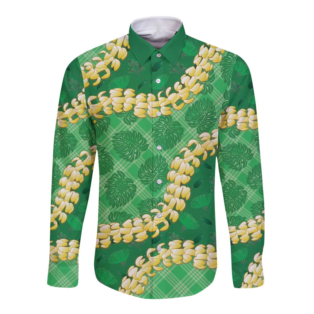 Green Palaka Hawaii Mele Kalikimaka Long Sleeve Button Shirt Ohia Lehua Monstera Puakenikeni Lei LT14 Unisex Green - Polynesian Pride