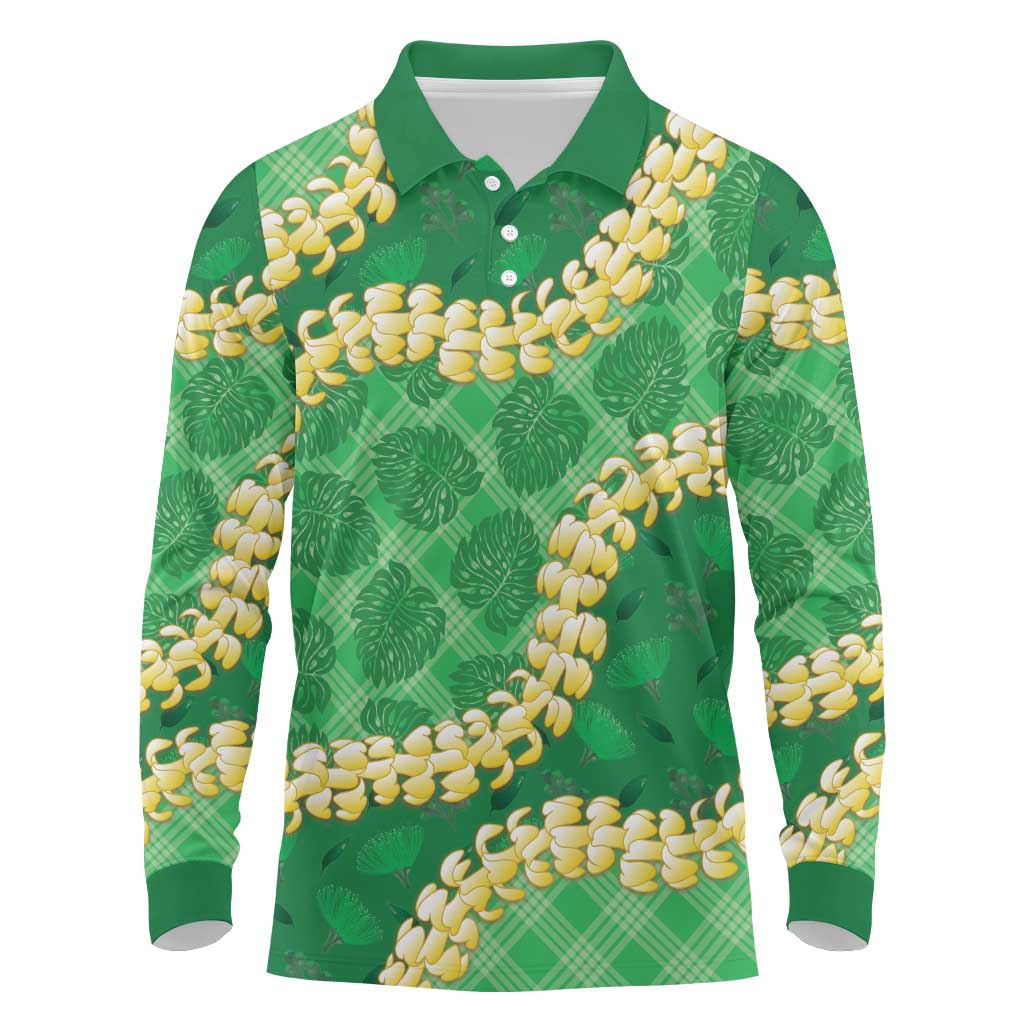Green Palaka Hawaii Mele Kalikimaka Long Sleeve Polo Shirt Ohia Lehua Monstera Puakenikeni Lei LT14 Green - Polynesian Pride