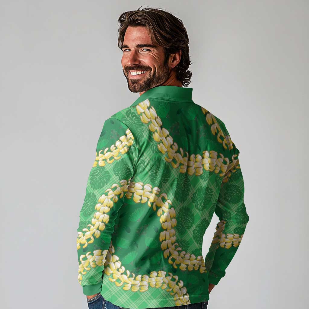 Green Palaka Hawaii Mele Kalikimaka Long Sleeve Polo Shirt Ohia Lehua Monstera Puakenikeni Lei LT14 - Polynesian Pride