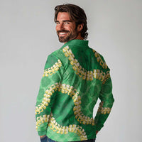 Green Palaka Hawaii Mele Kalikimaka Long Sleeve Polo Shirt Ohia Lehua Monstera Puakenikeni Lei LT14 - Polynesian Pride