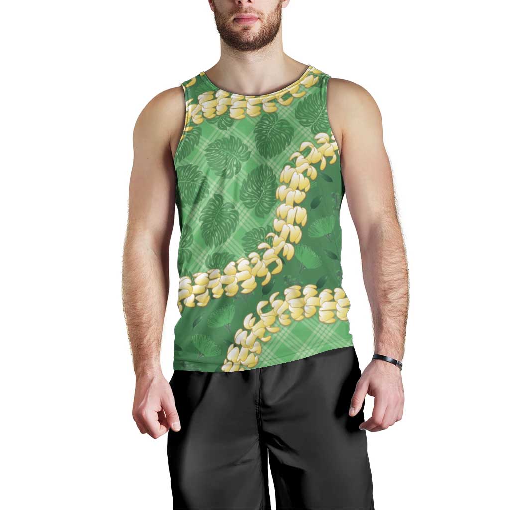 Green Palaka Hawaii Mele Kalikimaka Men Tank Top Ohia Lehua Monstera Puakenikeni Lei LT14 - Polynesian Pride