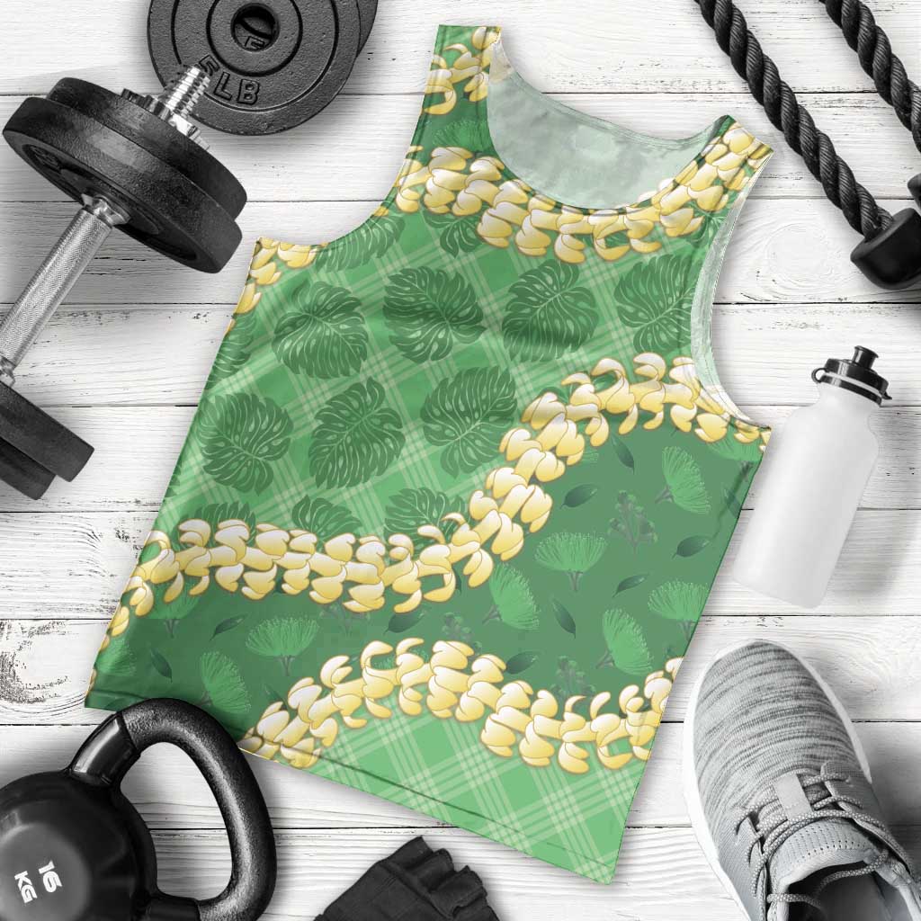 Green Palaka Hawaii Mele Kalikimaka Men Tank Top Ohia Lehua Monstera Puakenikeni Lei LT14 - Polynesian Pride