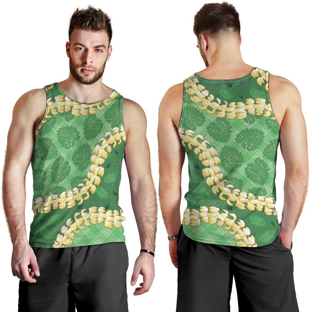 Green Palaka Hawaii Mele Kalikimaka Men Tank Top Ohia Lehua Monstera Puakenikeni Lei LT14 - Polynesian Pride