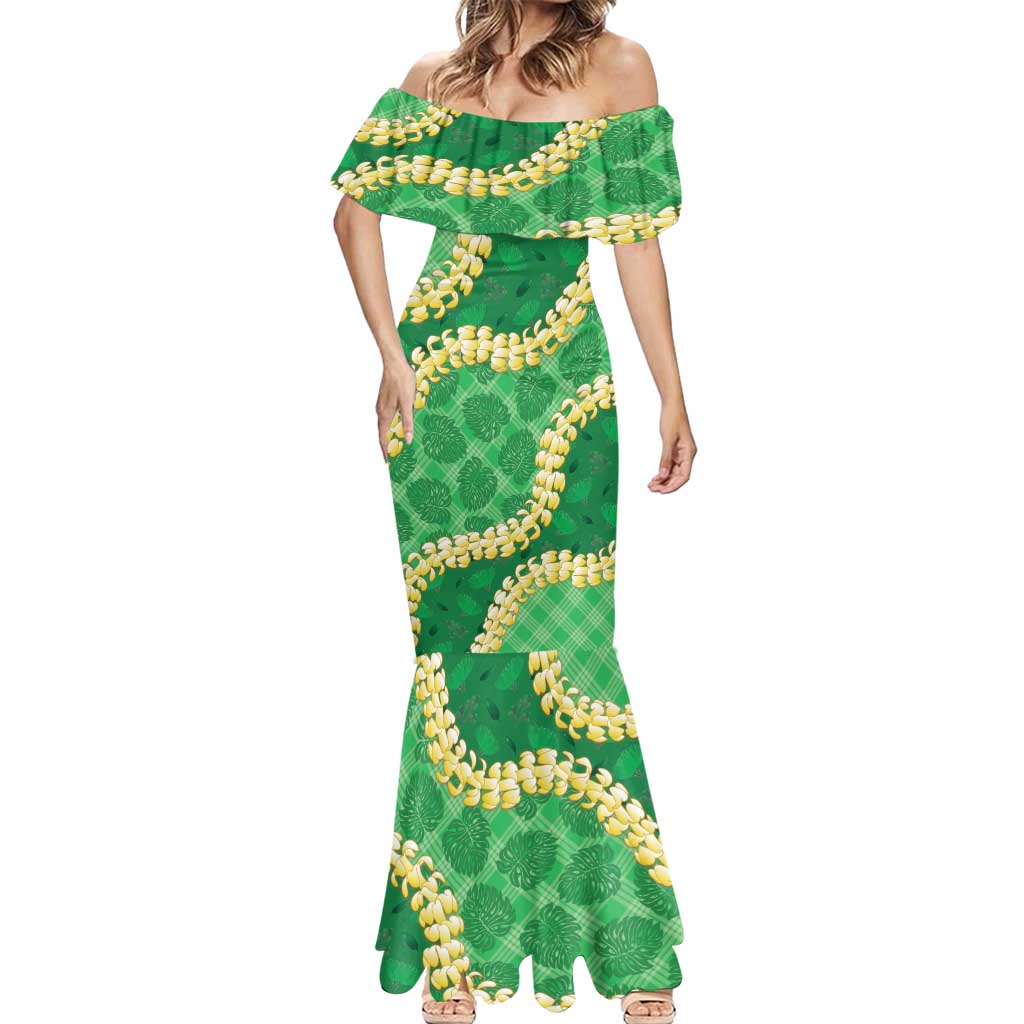 Green Palaka Hawaii Mele Kalikimaka Mermaid Dress Ohia Lehua Monstera Puakenikeni Lei LT14 - Polynesian Pride