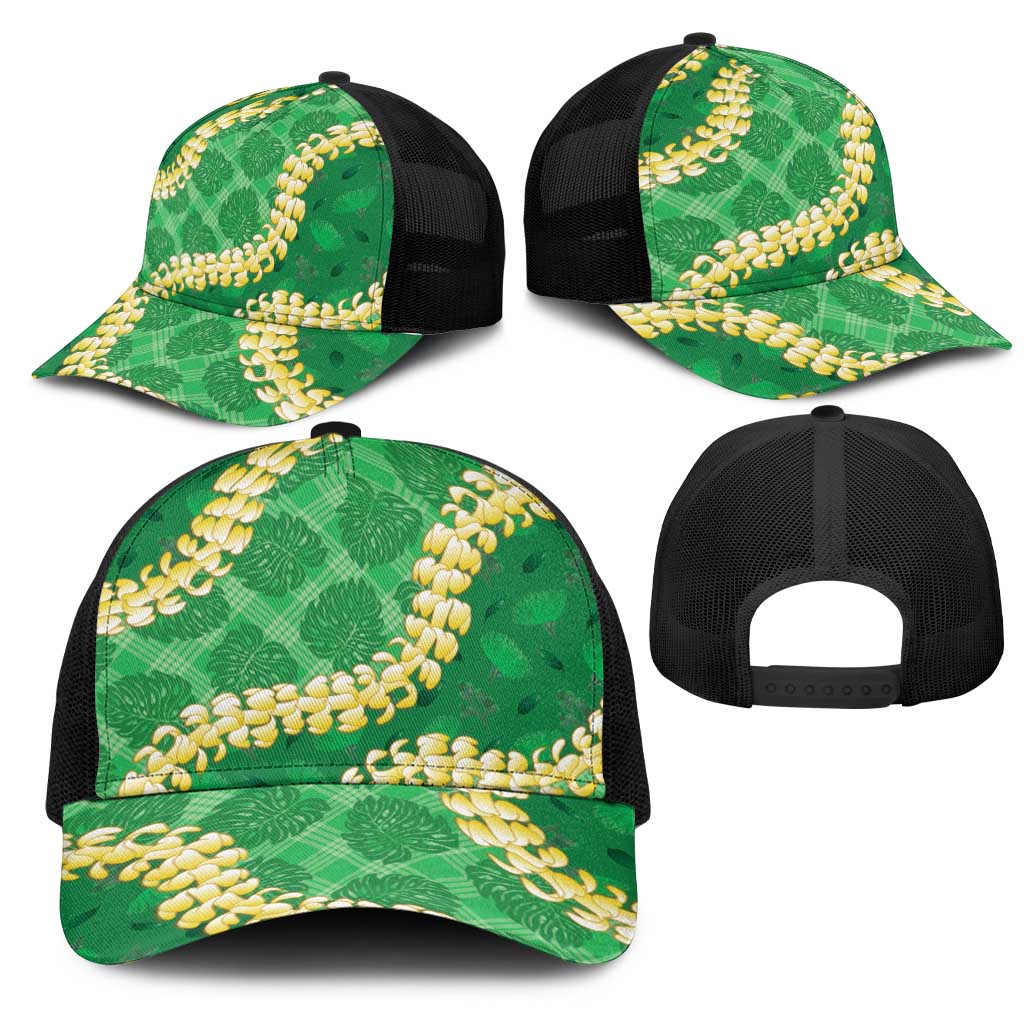 Green Palaka Hawaii Mele Kalikimaka Mesh Trucker Cap Ohia Lehua Monstera Puakenikeni Lei LT14 - Polynesian Pride