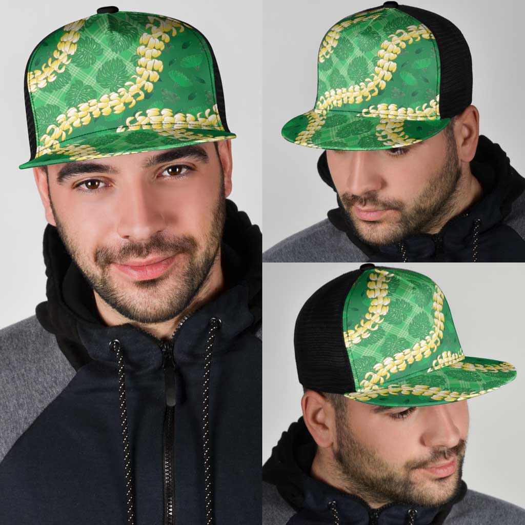 Green Palaka Hawaii Mele Kalikimaka Mesh Trucker Cap Ohia Lehua Monstera Puakenikeni Lei LT14 - Polynesian Pride