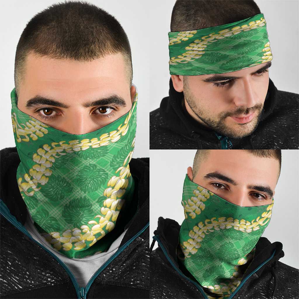 Green Palaka Hawaii Mele Kalikimaka Neck Gaiter Ohia Lehua Monstera Puakenikeni Lei LT14 - Polynesian Pride