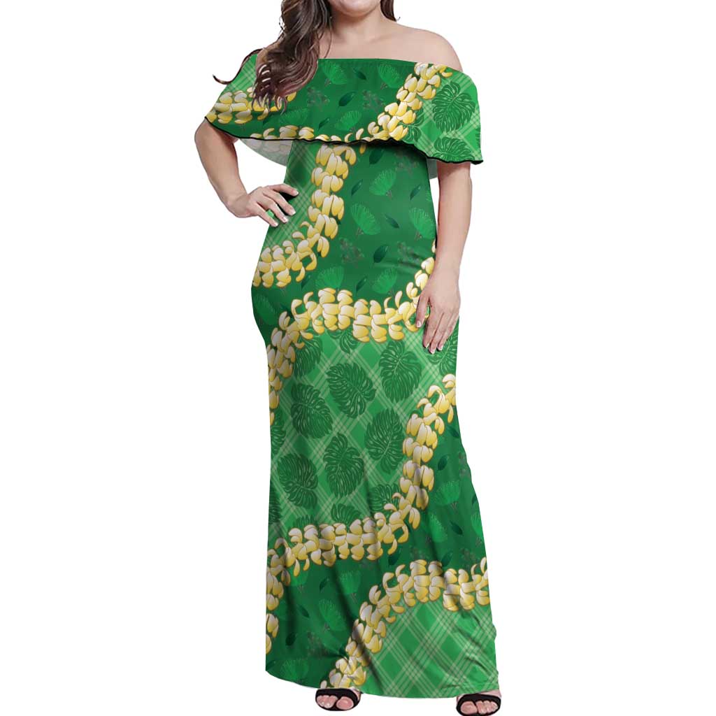 Green Palaka Hawaii Mele Kalikimaka Off Shoulder Maxi Dress Ohia Lehua Monstera Puakenikeni Lei LT14 Women Green - Polynesian Pride