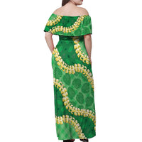 Green Palaka Hawaii Mele Kalikimaka Off Shoulder Maxi Dress Ohia Lehua Monstera Puakenikeni Lei LT14 - Polynesian Pride