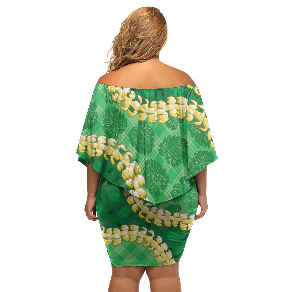 Green Palaka Hawaii Mele Kalikimaka Off Shoulder Short Dress Ohia Lehua Monstera Puakenikeni Lei LT14 - Polynesian Pride