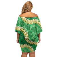 Green Palaka Hawaii Mele Kalikimaka Off Shoulder Short Dress Ohia Lehua Monstera Puakenikeni Lei LT14 - Polynesian Pride