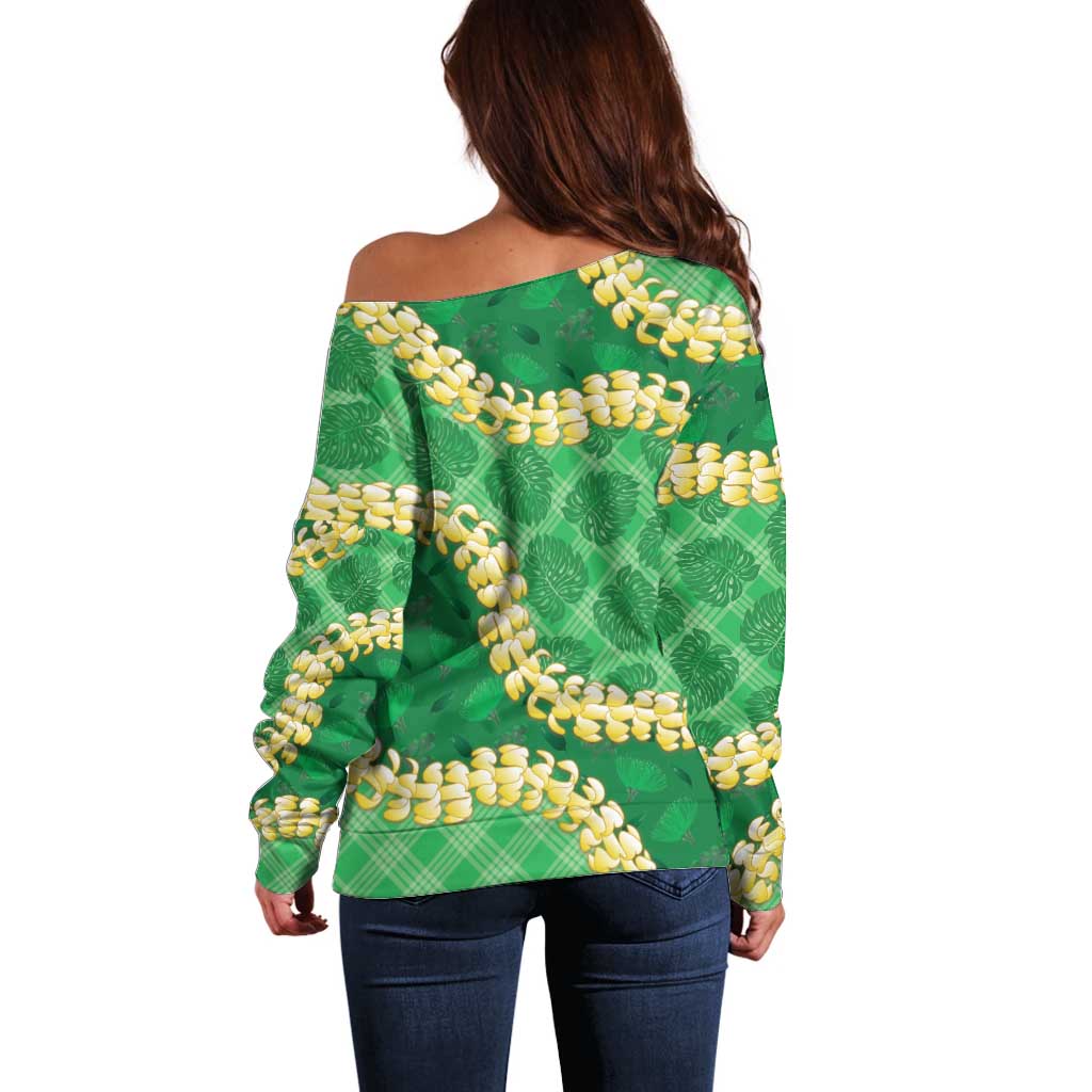 Green Palaka Hawaii Mele Kalikimaka Off Shoulder Sweater Ohia Lehua Monstera Puakenikeni Lei LT14 - Polynesian Pride
