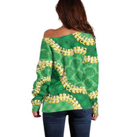 Green Palaka Hawaii Mele Kalikimaka Off Shoulder Sweater Ohia Lehua Monstera Puakenikeni Lei LT14 - Polynesian Pride