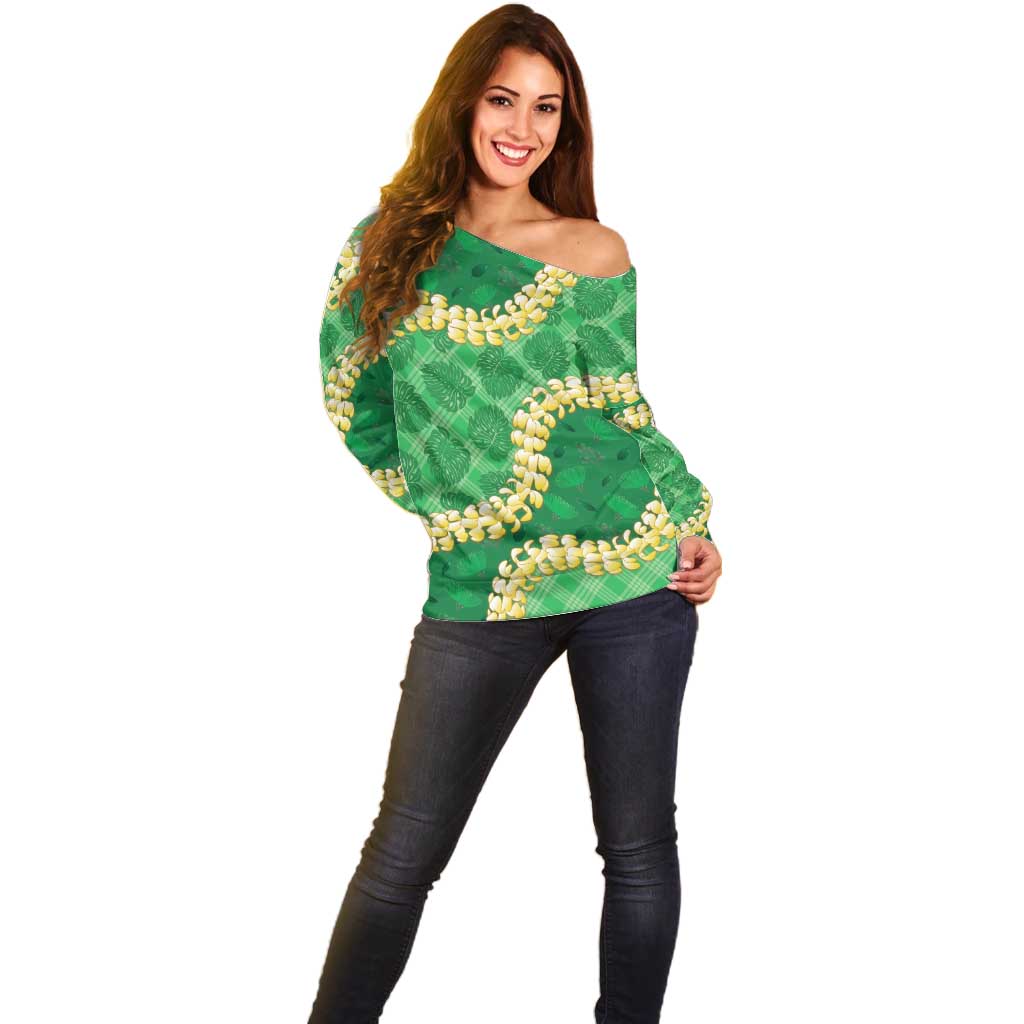Green Palaka Hawaii Mele Kalikimaka Off Shoulder Sweater Ohia Lehua Monstera Puakenikeni Lei LT14 - Polynesian Pride
