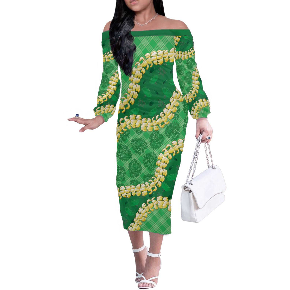 Green Palaka Hawaii Mele Kalikimaka Off The Shoulder Long Sleeve Dress Ohia Lehua Monstera Puakenikeni Lei LT14 Women Green - Polynesian Pride