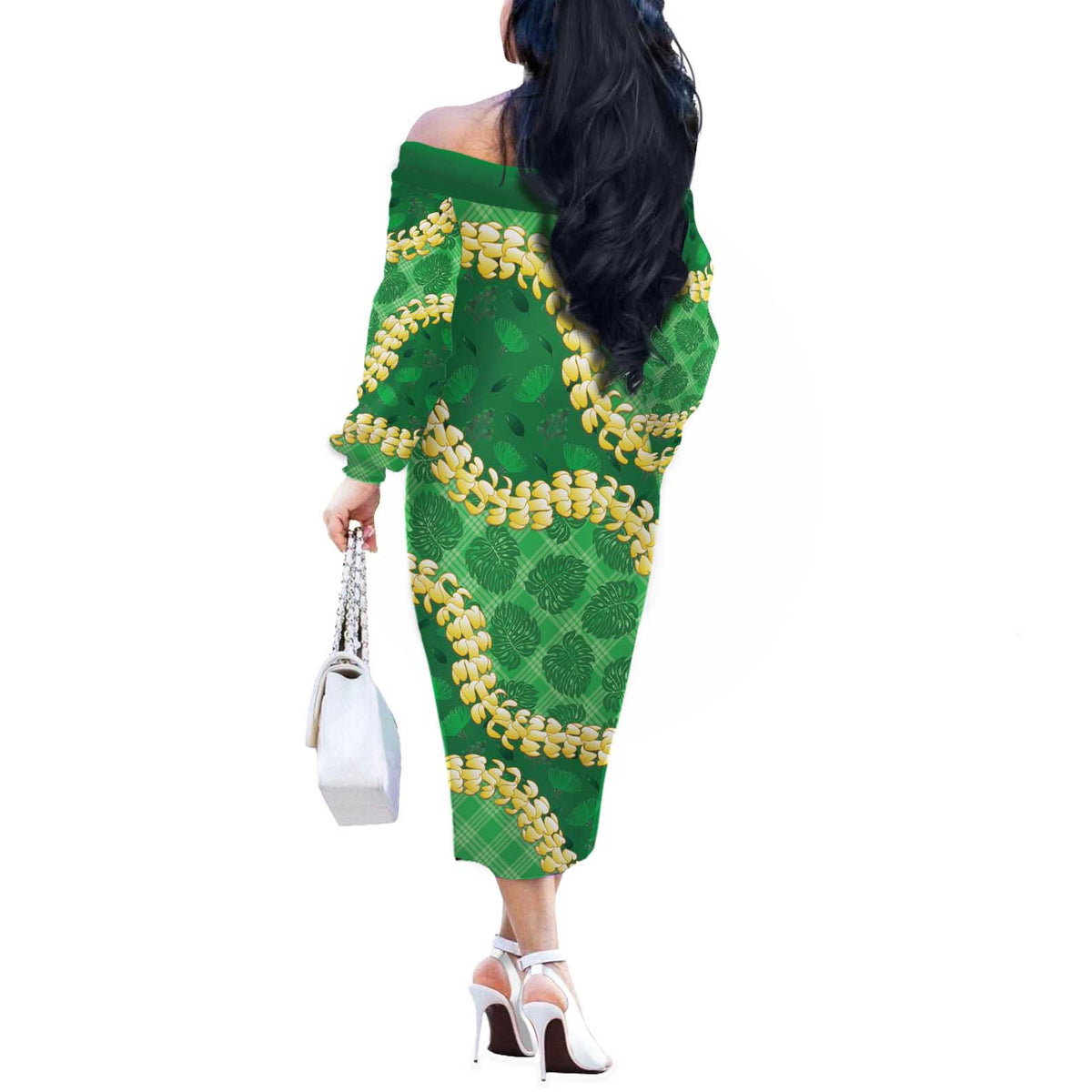 Green Palaka Hawaii Mele Kalikimaka Off The Shoulder Long Sleeve Dress Ohia Lehua Monstera Puakenikeni Lei LT14 - Polynesian Pride