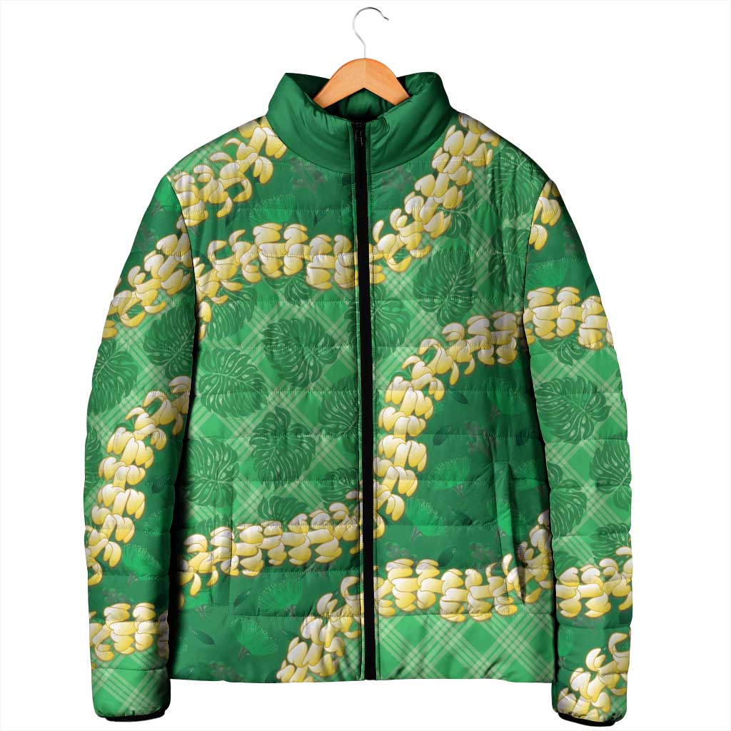 Green Palaka Hawaii Mele Kalikimaka Padded Jacket Ohia Lehua Monstera Puakenikeni Lei LT14 - Polynesian Pride