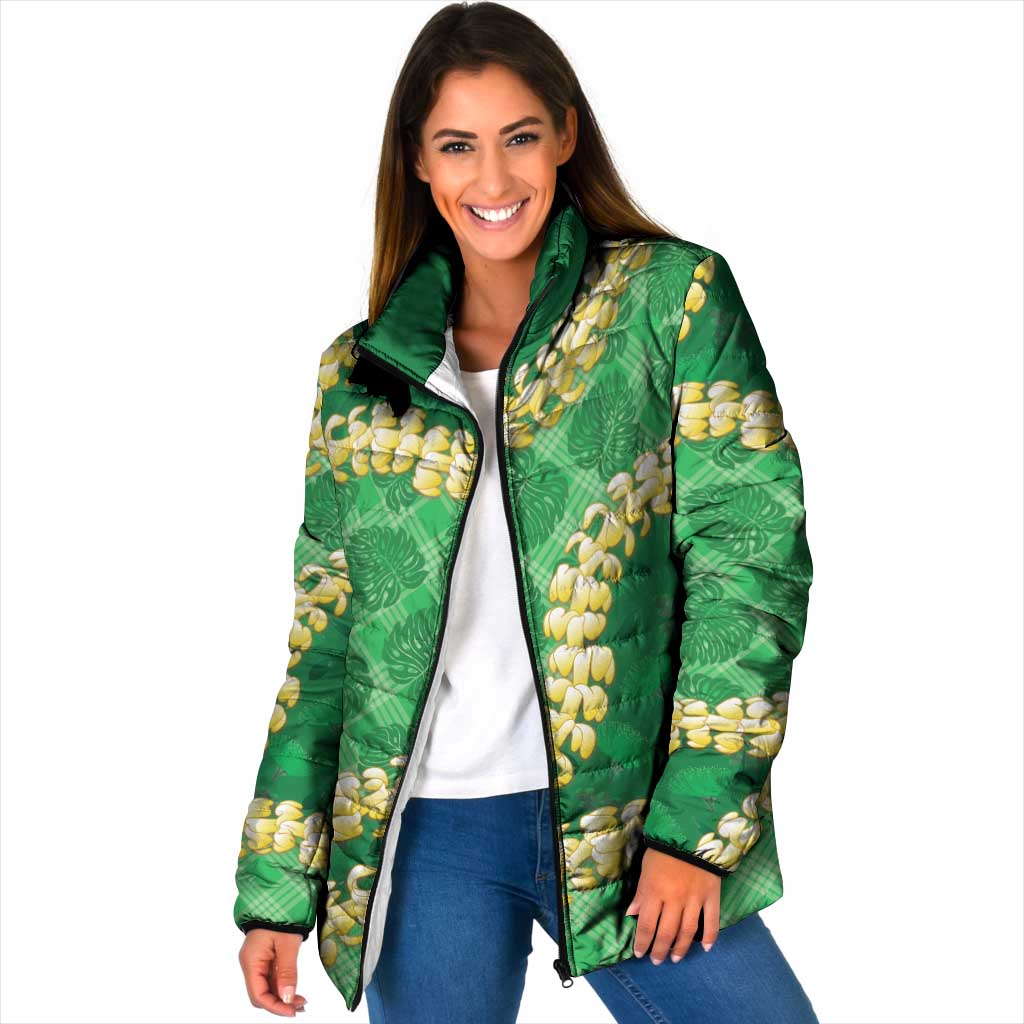 Green Palaka Hawaii Mele Kalikimaka Padded Jacket Ohia Lehua Monstera Puakenikeni Lei LT14 Women Green - Polynesian Pride