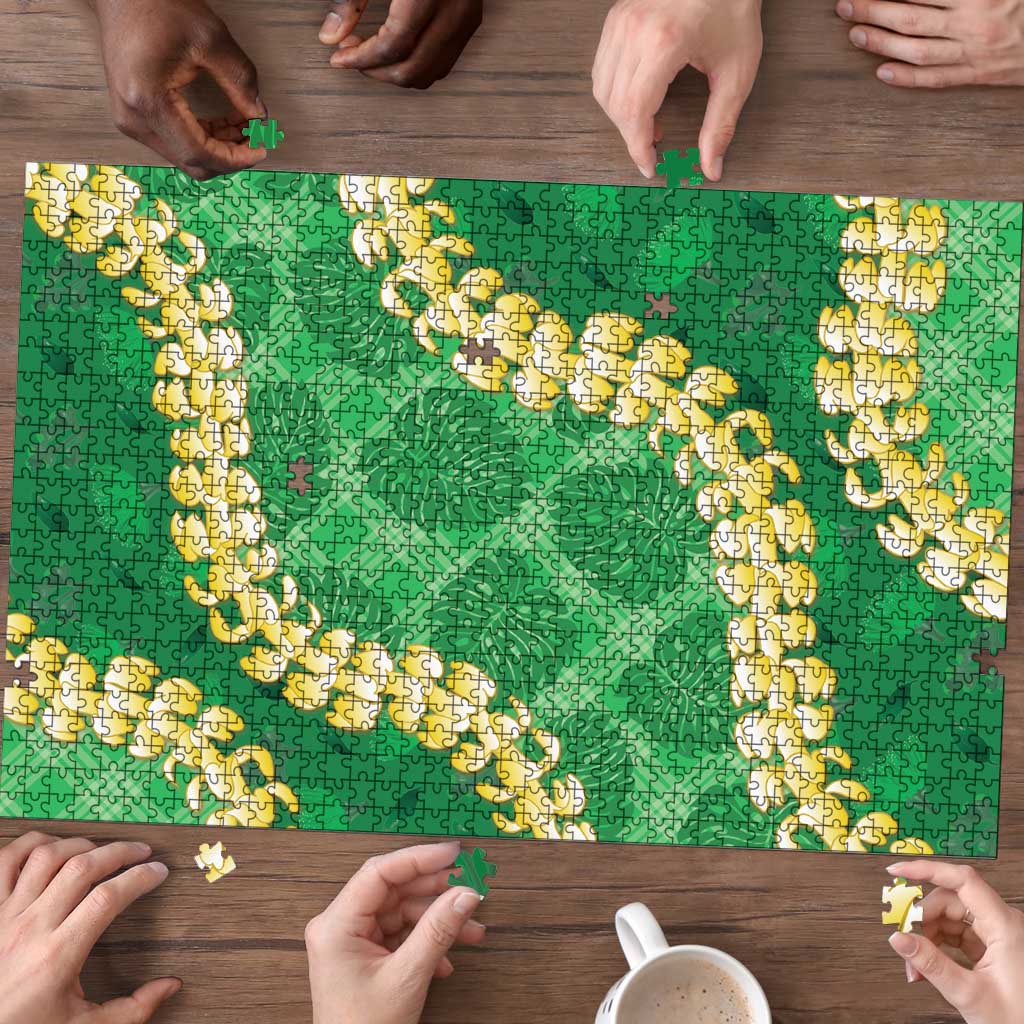 Green Palaka Hawaii Mele Kalikimaka Puzzle Ohia Lehua Monstera Puakenikeni Lei LT14 - Polynesian Pride