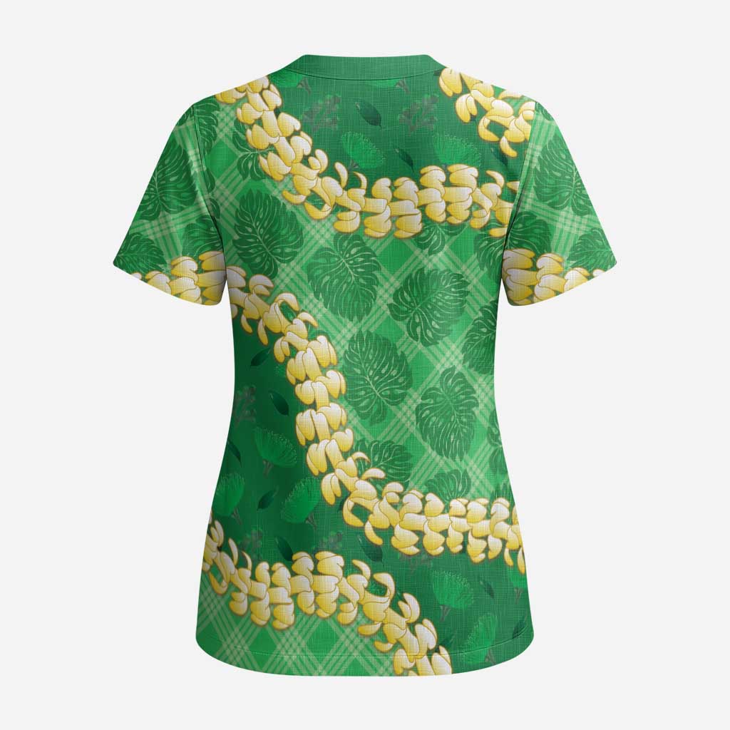 Green Palaka Hawaii Mele Kalikimaka Scrub Top Ohia Lehua Monstera Puakenikeni Lei LT14 - Polynesian Pride