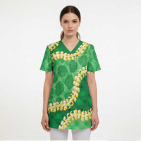 Green Palaka Hawaii Mele Kalikimaka Scrub Top Ohia Lehua Monstera Puakenikeni Lei LT14 - Polynesian Pride