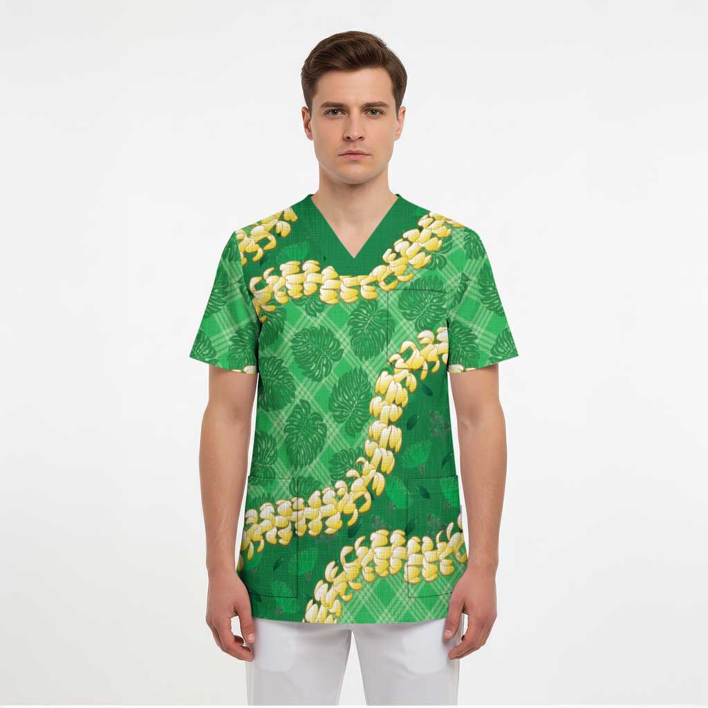 Green Palaka Hawaii Mele Kalikimaka Scrub Top Ohia Lehua Monstera Puakenikeni Lei LT14 - Polynesian Pride