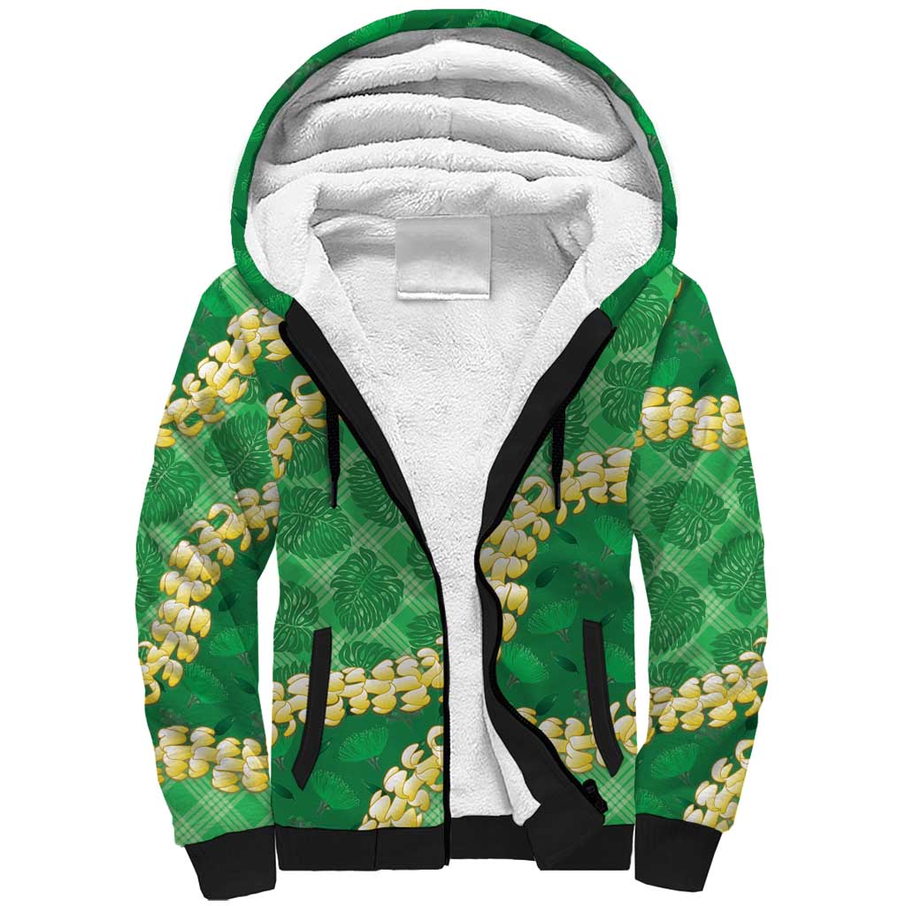 Green Palaka Hawaii Mele Kalikimaka Sherpa Hoodie Ohia Lehua Monstera Puakenikeni Lei LT14 Unisex Green - Polynesian Pride