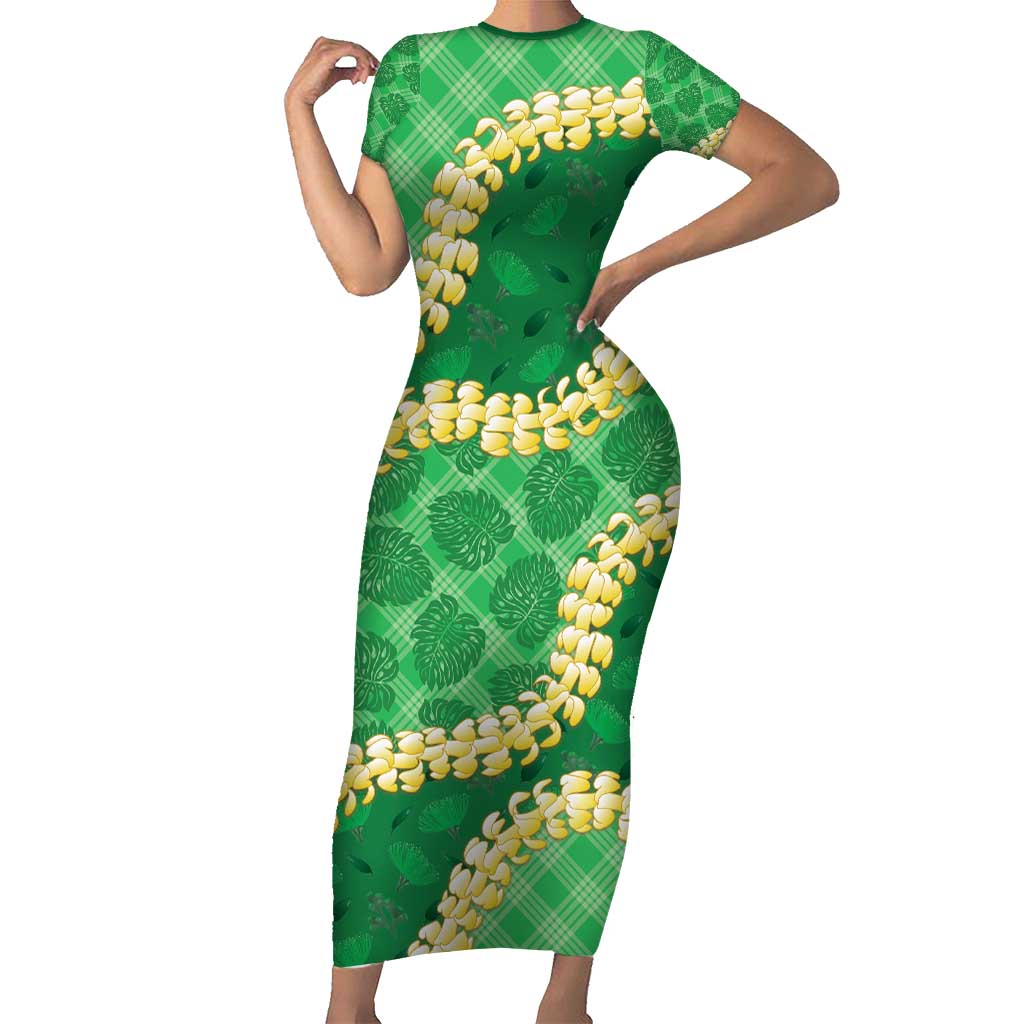 Green Palaka Hawaii Mele Kalikimaka Short Sleeve Bodycon Dress Ohia Lehua Monstera Puakenikeni Lei LT14 Long Dress Green - Polynesian Pride